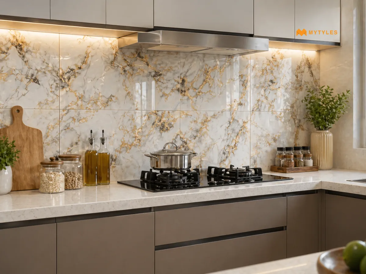 Golden Onyx Marble Look Tiles in Kitchen